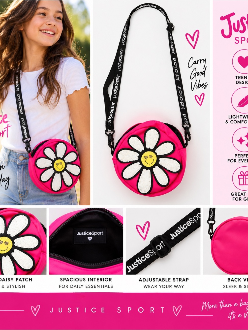 Justice Hot Pink Daisy Patch Round Crossbody Bag for Kids